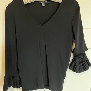 DKNY Black v-neck Blouse with Pleated Sleeves, Size Small